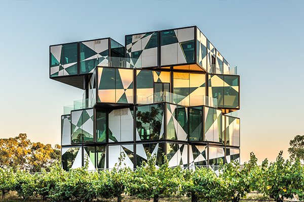 The d'Arenberg Cube, a glass Rubik's-cube building rising above the vines