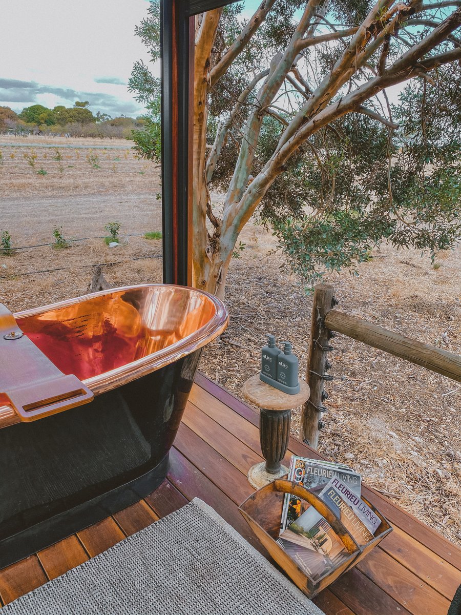 The copper bath's polished interior, gums and paddocks behind