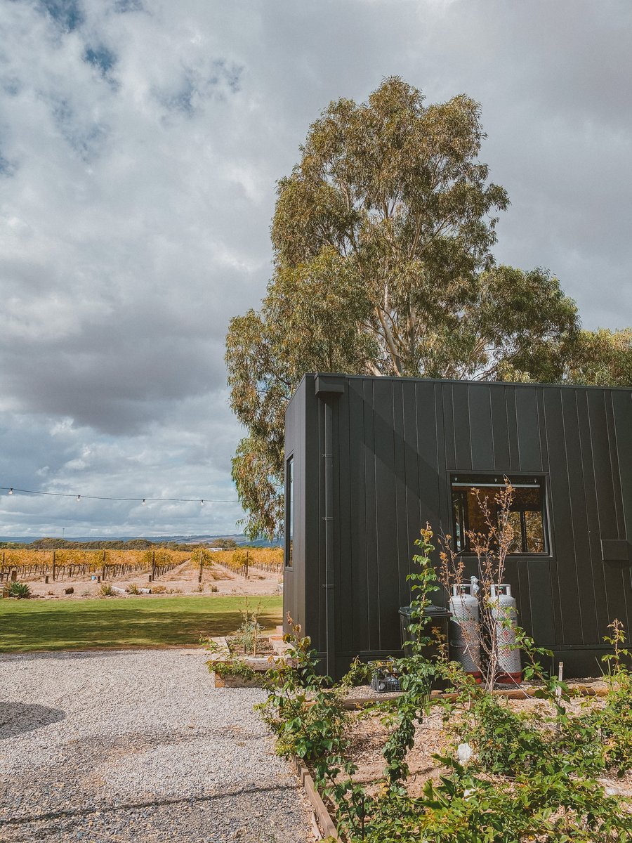 The cabin from the gravel drive, a garden bed in front