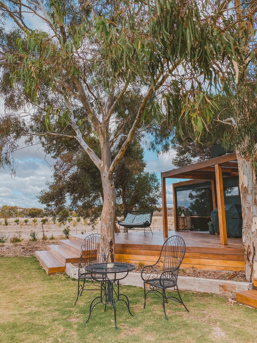 Chairs on the lawn beside the bath pergola under a gum tree